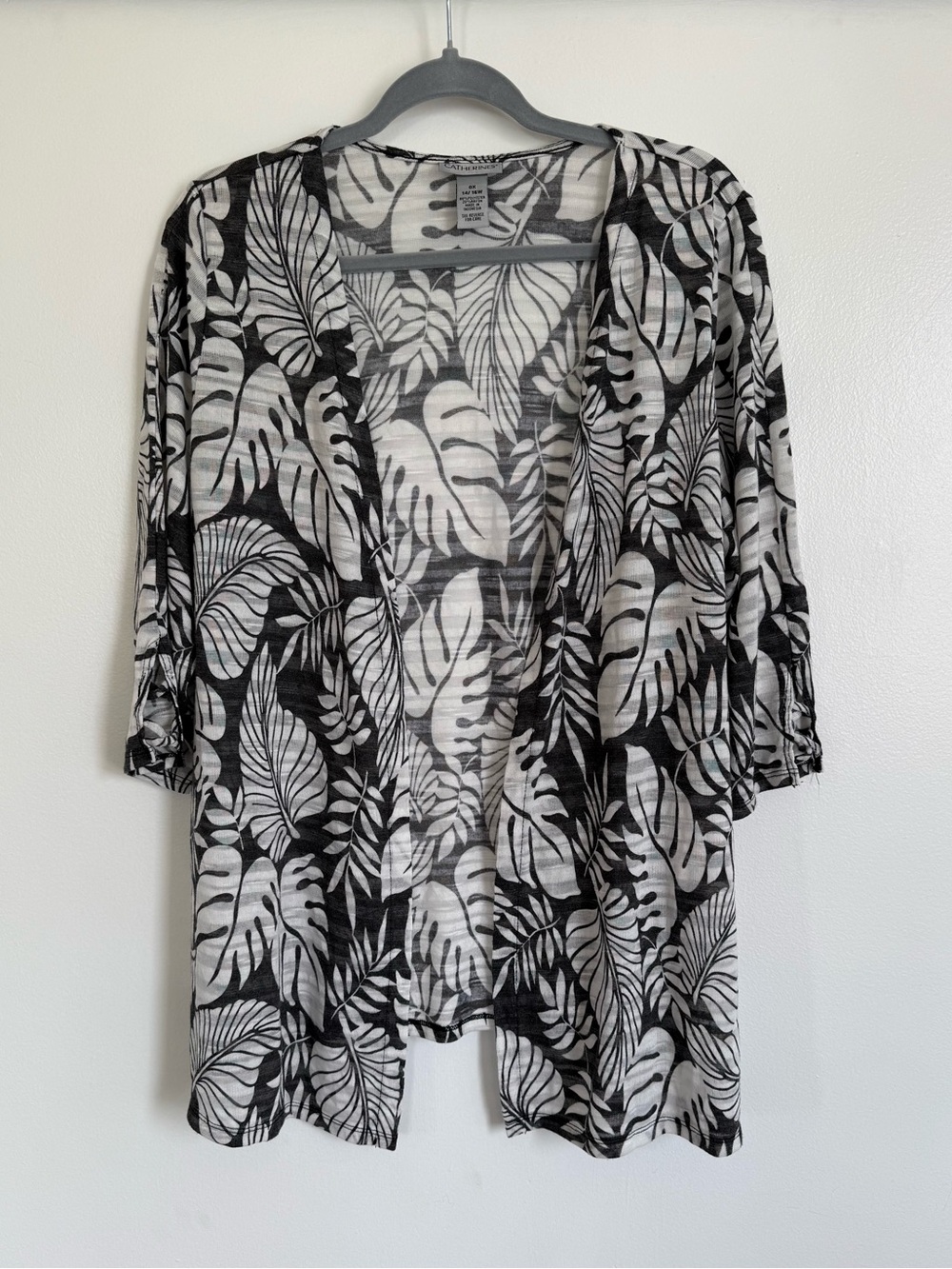 Catherines Black and White Leaf-Print Open-Front Cardigan